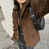 Bonnyshow Autumn Winter Oversized Coats Women Fashion Vintage Lapel Pocket Suede Leather Jackets Brown Casual Long Sleeve Outwear