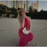 Bonnyshow  Solid Halter Flower Hollow Lady Maxi Dress Backless Bodycon 2025 Summer Elegant Women Evening Gown In The Floor Lady Party Robe