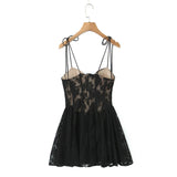 Bonnyshow  European And American Style Summer Women's Mini Dress Lace Patchwork Waist Suspender Dress