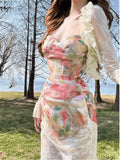 Bonnyshow  New French Style Sweet Style Set Summer Women's Royal Sister Romantic Lace Fishbone Corset  Half Skirt Trendy Suit