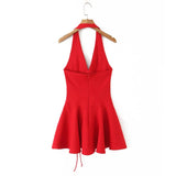 Bonnyshow  Sexy Red Halter Dress Women Slim Low Waist Spliced 3D Flower Swing A-lined Backless Short Dresses Summer Robe