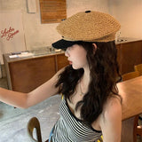 Bonnyshow Summer Straw Weaving Beret Cap Women Vacation Outdoor Beach Straw Hat Adjustable Splicing Hats Elegant French Beret for Women