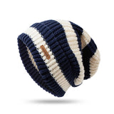Bonnyshow Korean Stripe Beanie Cap for Women Winter Thick Thread Needle Knitted Hat Vintage Hip Hop Female Slouchy Hats
