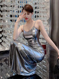 Bonnyshow Metallic Shiny Sling Long Dresses For Women Sleeveless Party Sexy Club Night Fashion Dress O Neck 2023 New Summer Dress Backless