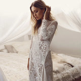 Bonnyshow Summer Women Long Party Dress Vintage Long Sleeve Floor Length Sexy Backless White Lace Maxi Dress  sexy