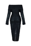 Bonnyshow Lace Ruffle Women Sexy Bodycon Maxi Dress Slash Neck Off Shoulder Long Sleeve Single Breasted Slim Club Party Dresses Streetwear