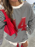 Bonnyshow  Casual Striped Patchwork Tops Women Loose O-neck Number Print Long Sleeve Lady Shirts 2024 Autumn Fashion New Female Streetwears