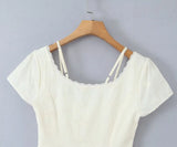 Bonnyshow  Retro Beige Hollow Out Embroidery Mini Dress Sweet Girl Short Sleeve A-line Slim Summer Dresses Holiday Robe