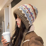 Bonnyshow Retro Knitted Woolen Hat for Women Autumn Winter Warm Ear Protection Beanie Cap Ethnic Style Plaid Strap Female Balaclava Hats