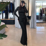 Bonnyshow Women Dresses Autumn Winter New Black Sexy Maxi Dresses Streetwear Fashion Long Sleeves Turtleneck Elegant Female Folds Dresses