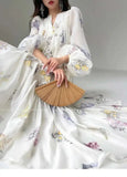 Bonnyshow  High Quality Fashion Vintage Women Spring Autumn Print Wer V Neck Lantern Sleeve Boho Casual Party Holiday Dresses