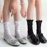 Bonnyshow Japanese Lolita Socks for Women Cute Bow Ruffle Stockings White Lace Knee High Sock Sweet Girls Thigh High Socks