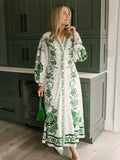 Bonnyshow  Chic Green Print Single Breast Maxi Dress Women Elegant Lapel Long Lantern Sleeves Long Robes  New Beach Vocation Vestido