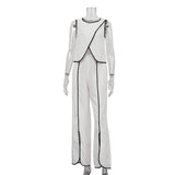 Bonnyshow  Contrast Vest Suit Womrn's Cross O Neck Sleeveless Top Loose Trousers Female 2025 Fashion Casual Pants Two Pieces Set