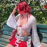 Bonnyshow  Y2K Solid Flared Sleeve Cardigan Casual Lace-up Beach Cover-Ups Coquette White Long Sleeves Shirts Sunscreen Outwear
