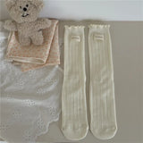 Bonnyshow Korean Cotton Ruffles Middle Tube Socks for Women Solid Color Label Pile up Socks Japanese Lolita Girl Accessories New year gift