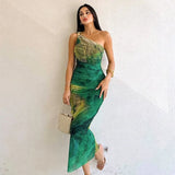 Bonnyshow Green Print Long Dress Women Fashion One Shoulder Slim Evening Party Dresses Summer Sexy Backless Ruched Maxi Dress