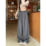 Bonnyshow Elegant Baggy Gray Suits Pants Woman Oversized Office Ladies Casual Korean Fashion Classical Trousers High Waist Summer