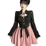 Bonnyshow Y2k Black Long Sleeve Cardigans Women+ Fashion Sweet Slim Waist Bow Strap Dresses   Autumn New Two Piece Sets