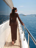 Bonnyshow  Knit Hollow Women's Dress Elegant Halter Lace Up Full Sleeve Long Dressess Female Summer Fashion Lady Vacation Robes 2025