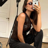 Bonnyshow Fashion PU Leather Sleeveless T Shirts Side Zipper One Shoulder Asymmetrical Tank Tops Women Clothing Fall 2024