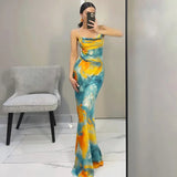 Bonnyshow Fashion Tie Dye Maxi Dress Women Elegant Spaghetti Strap Slim Evening Party Dresses Summer Sexy Backless Beach Holiday Dress