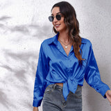 Bonnyshow  Women Spring Autumn Style Satin Blouses Shirts Lady Casual Long Sleeve Turn-down Collar Solid Color Blusas Tops