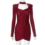 Bonnyshow Red Mini Christmas Dress for Women Sexy Hollow Out Bodycon Short Dresses Autumn Winter Fashion Long Sleeve Club Party Dress