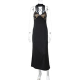 Bonnyshow Black Lace Patchwork Maxi Dress Women Sexy Deep V-neck Backless Slim Party Dresses Fashion Spaghetti Strap Satin Dress