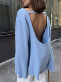 Bonnyshow  Solid Knitted Loose Backless Sweater Women Autumn New Scoop Neck Long Sleeve Sweaters Simple Casual Fashion Pullover Jumper Tops