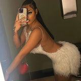 Bonnyshow Fur Sexy Backless Mini Dresses White Luxury Women Club Party Outfit 2024 Casual Spaghetti Y2K Clothes Bodycon Dress