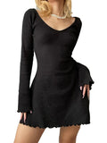 Bonnyshow Women Solid Color Ribbed Long Sleeve V-Neck Slim Fit Party Mini Dress Fashion Spring Autumn Slim A-Line Dress