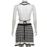 Bonnyshow Plaid Knitted Two Piece Set Women Camisole Crop Top And Mini Skirts Y2K Clothing 2024 Sexy Vacation Beach Outfits