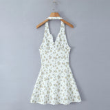Bonnyshow  Sexy Floral print Spliced Lace Halter Sling Dress Women Backless Low Waist A-lined Short Dresses Femme SummerRobe