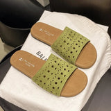 Bonnyshow  Hollow Out Flat Slippers Pu Leather High Quality Summer Sandals New Luxury Design Women's Shoes Beach Slides
