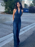 Bonnyshow Y2k Denim Jumpsuit Women New V-Neck Sleeveless Slim Bodycon Jumpsuits Overalls Streetwear One Piece Outfits Jeans