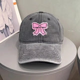 Bonnyshow Vintage Denim Bow Baseball Cap Korean Black Pink Y2k Fashions Baseball Cap Summer Sun Protection Beach Hat Japanese Women Hat