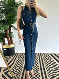 Bonnyshow  Fashion Halter Belt Jeans Long Dress For Women Single Breasted High Waist Slim Maxi Dress Lady 2025 Summer Chic Street Vestidos