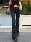 Bonnyshow  Stripe Slim Vintage Chic Jeans Zipper Pockets Fashion Low Waisted Button 90s Pants Streetwear All-match For Women