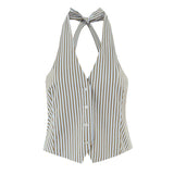 Bonnyshow  Europe And America Elegant Striped Halter Top Women Sexy Backless Front Button High Street Summer Tops