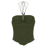 Bonnyshow  Fashion Flora Print Irregular Slim Fit Women Halter Tops Simple Causal Retro Knitted Ruched Beading Blouses