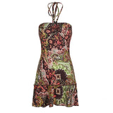 Bonnyshow  Full Floral Printed Beaded Halter-neck Dress Holiday Boho Aesthetic Ruffle A-line Mini Sundress Hotsexy Retro Outfits