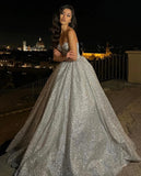 Bonnyshow Bling Bling Gray Long Evening Dresses With A Corset Bustier Sweetheart A-line Long Sparkle Formal Dress Maxi Gowns