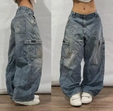 Bonnyshow Street Vintage Jeans New Y2K Harajuku Wash blue Multiple pockets Baggy Jeans Denim Pants Mens Womens High Waist Wide Trousers