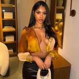 Bonnyshow Autumn V Neck Sexy Long Sleeve Hollow Out Crop Top Turndown Collar Tie Dye Print T Shirt Women Fall Streetwear