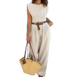 Bonnyshow  New Cotton and Linen Set for Spring and Summer 2025 Is Elegant Featuring A Sleeveless Vest and Wide-leg Trousers A Two-piece Set