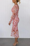 Bonnyshow  Summer Fashion New Style Women's Dress Elastic Waist Long Sleeve V-neck Printed Ruffle Edge Tight Hip Wrapping Dress