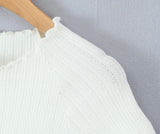 Bonnyshow  Women Hollow out Through Buttons Pearl Knitted Short Sleeve Sweater Crop Pullovers Knitwear All Match Knitting Tops Jumper