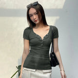 Bonnyshow Women's Sexy V-Neck T-shirt New Solid Summer Short Sleeve Tees Fashion Button Top Casual Slim Streetwear Female Knitted T-shirt