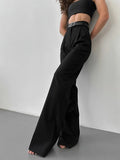 Bonnyshow Office Ladies Full Length Trousers Women High Waist Pants Pockets Female Pleated Wide Leg Solid OL Pants Women Clothes